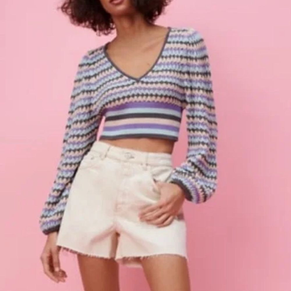 ZARA Women’s Striped Crochet Knit Cropped Sweater Top Puff Sleeve V-Neck‎ Sz L